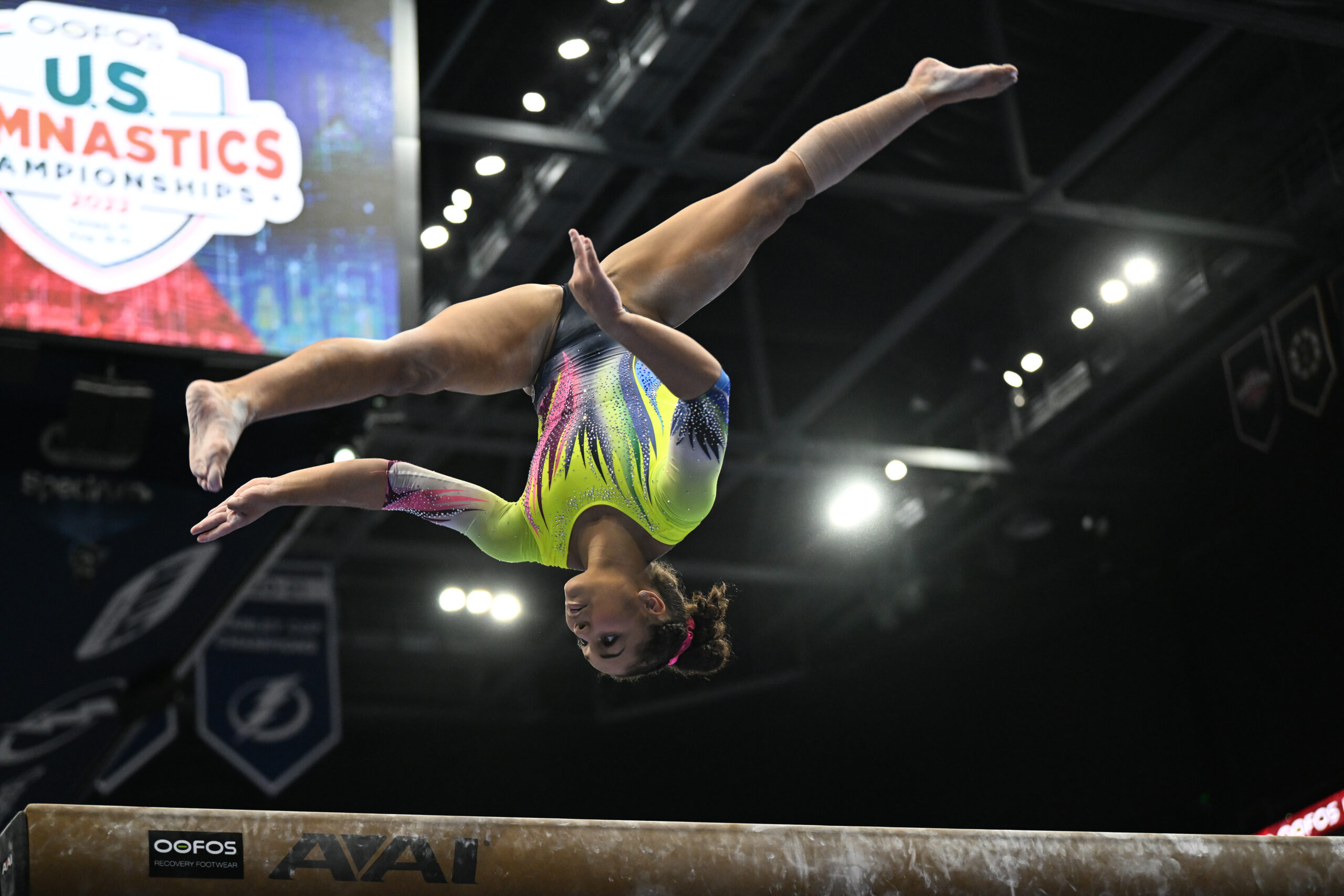 Konnor McClain competes on beam at the 2022 OOFOS U.S. Gymnastics Championships.
