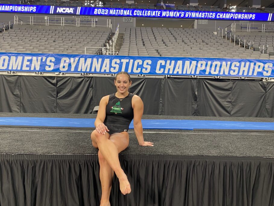 Stanford's Chloe Widner in the original "Angry Tree" training leo at the 2023 NCAA Women's Gymnastics Championships.