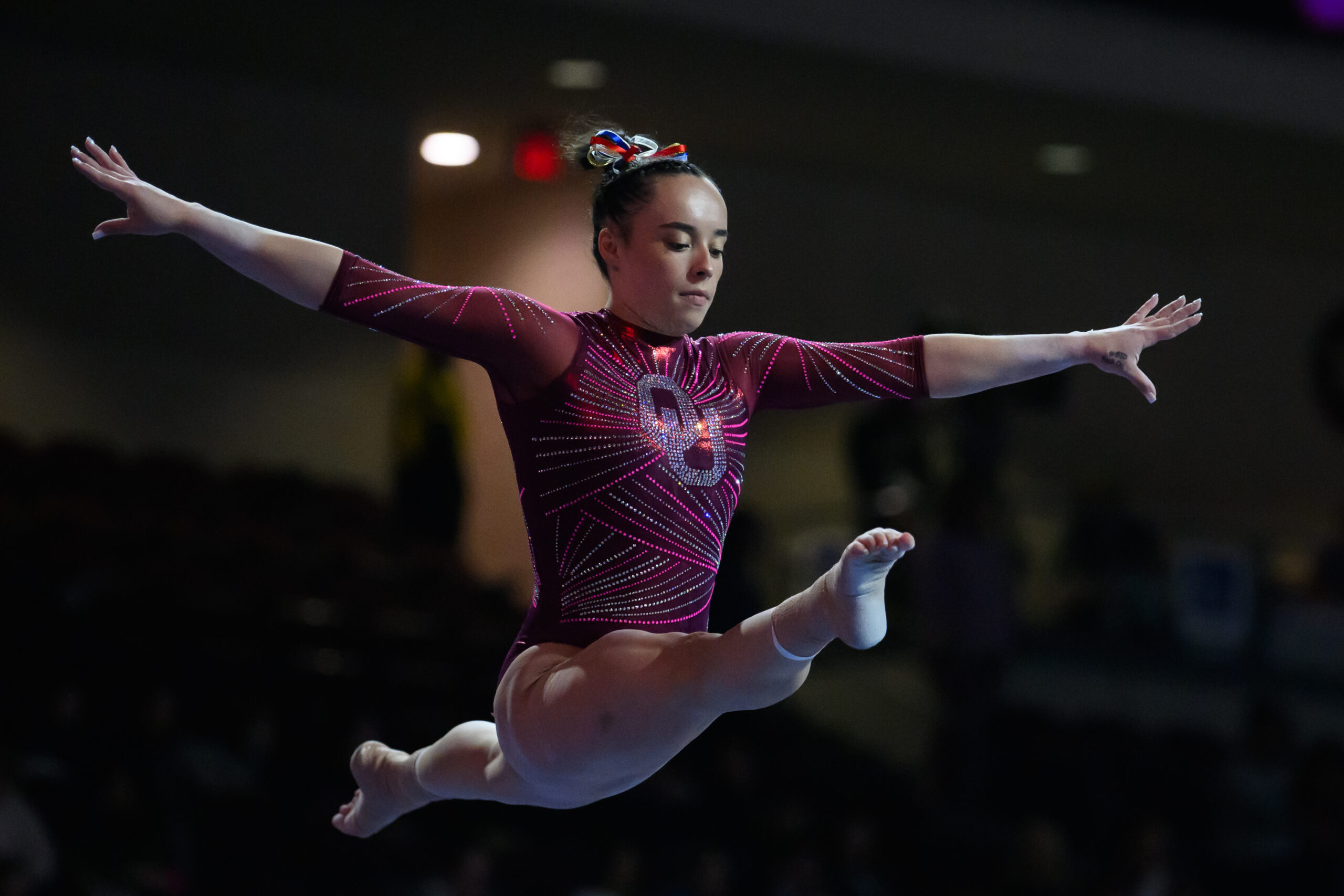 Oklahoma's Faith Torrez competes on beam during the 2024 Mean Girls Super 16 meet.