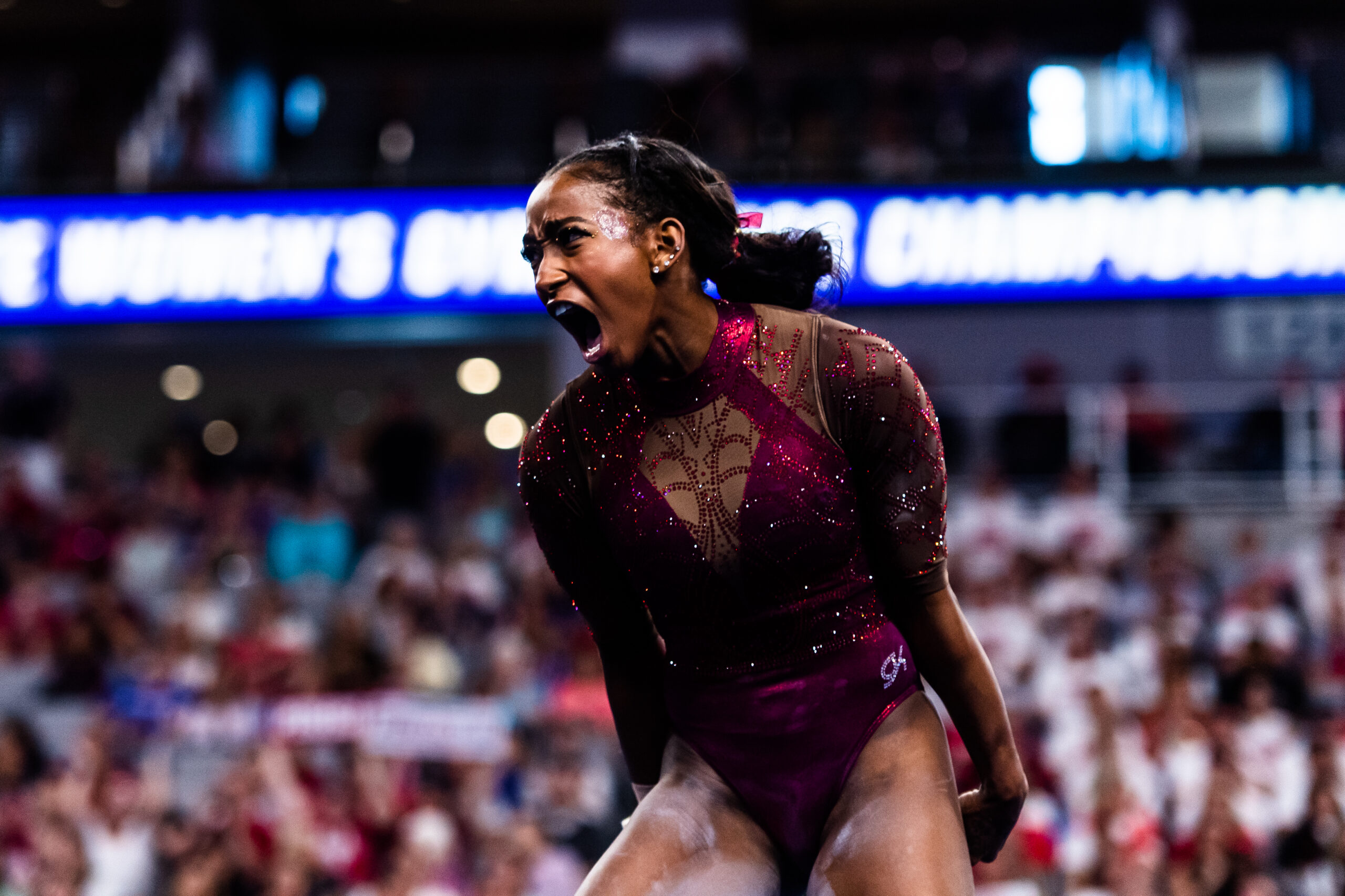 Oklahoma’s Danae Fletcher celebrates on floor during the Four on the Floor final of the 2023 NCAA Women’s Gymnastics Championships.