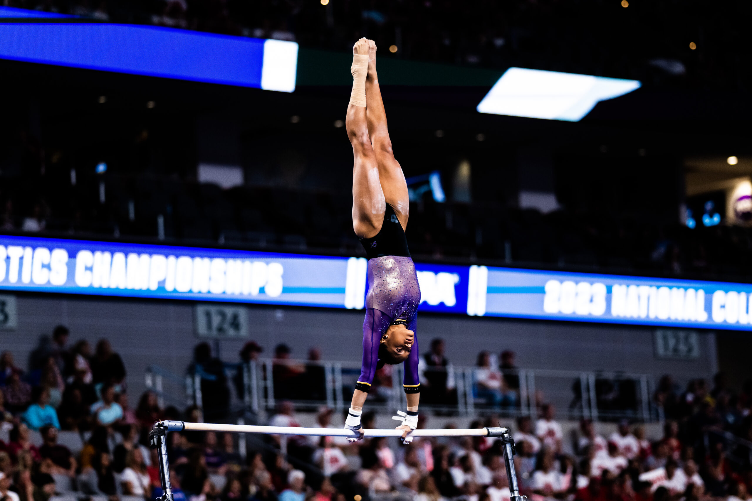LSU's Haleigh Bryant on bars at the 2023 NCAA Women's Gymnastics Championships.