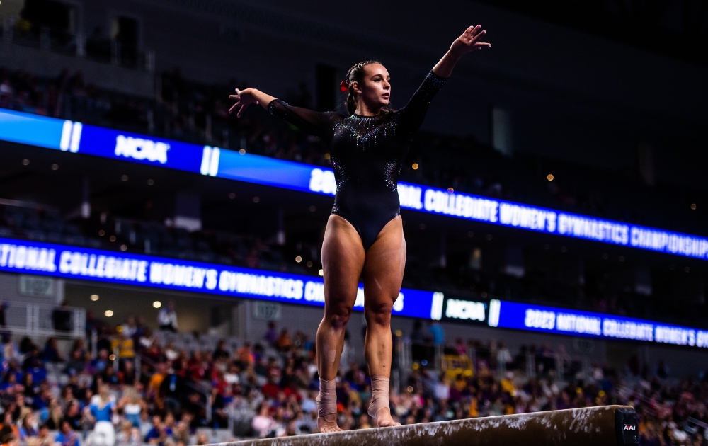 Stanford's Chloe Widner on beam at the 2023 NCAA Women's Gymnastics Championships.