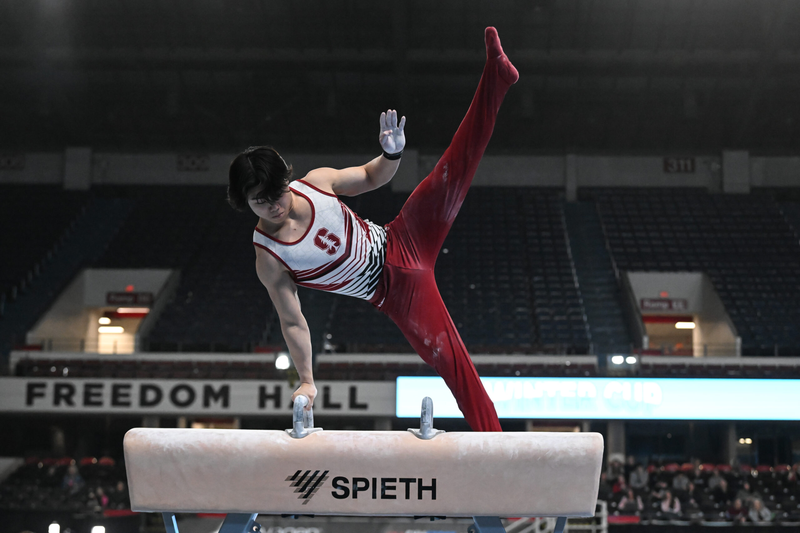 Stanford's Asher Hong on pommel horse at the 2023 Winter Cup.
