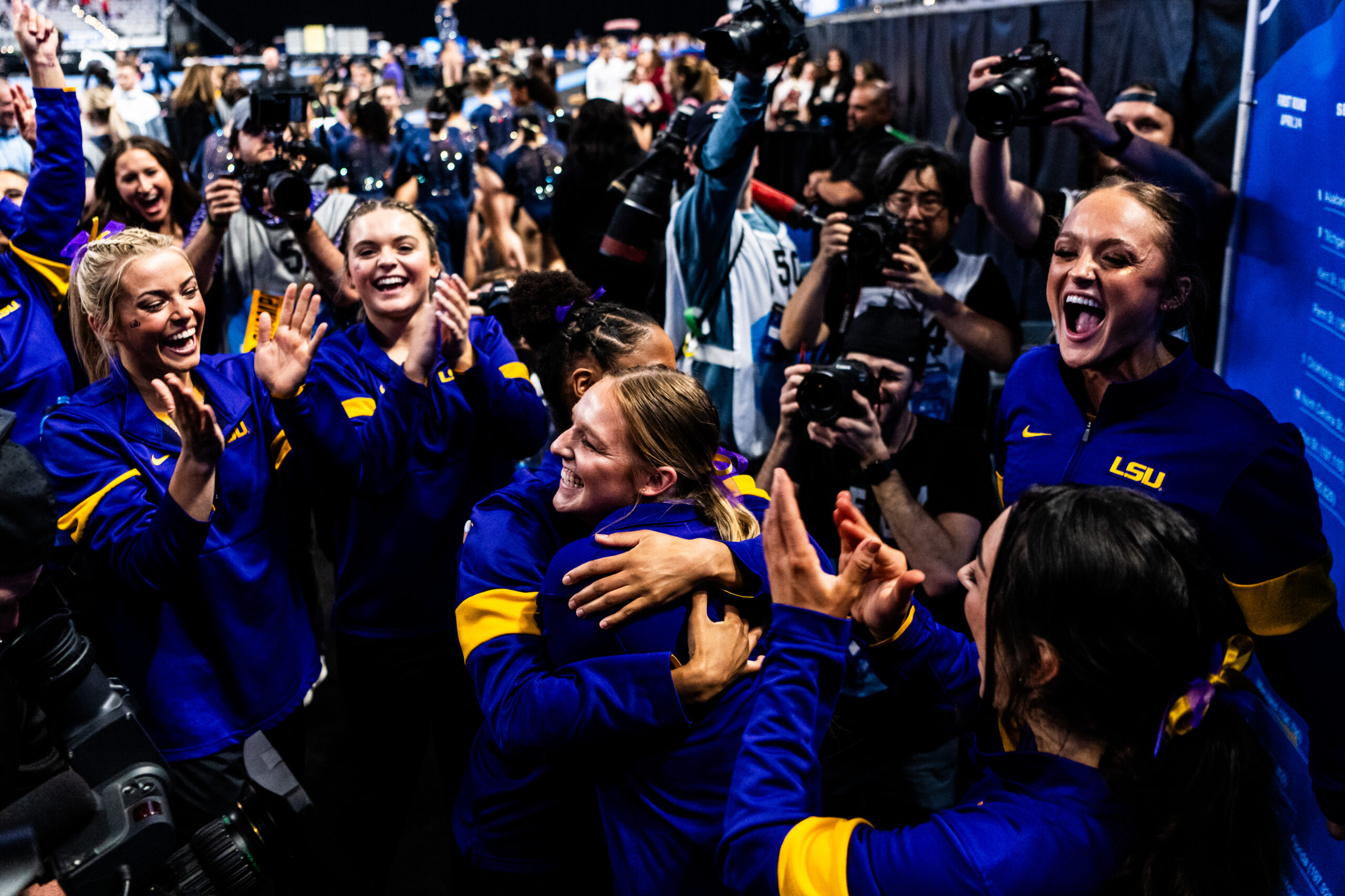 LSU after winning semifinal 1 at the 2024 NCAA women’s gymnastics championships to advance to the Four on the Floor.