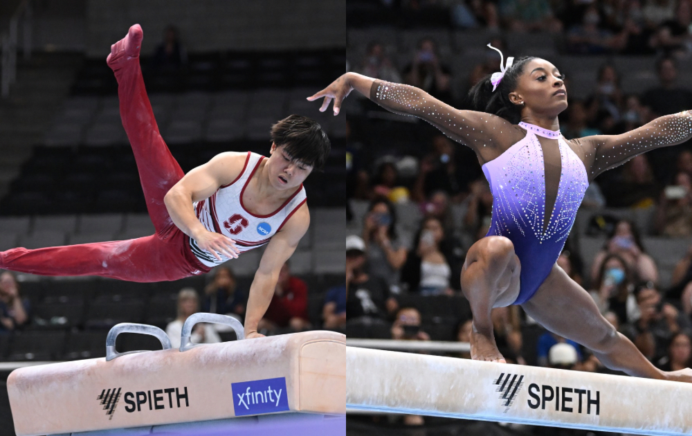 Asher Hong (left) and Simone Biles (right) are the reigning all-around champions at the 2024 Xfinity U.S. Gymnastics Championships.