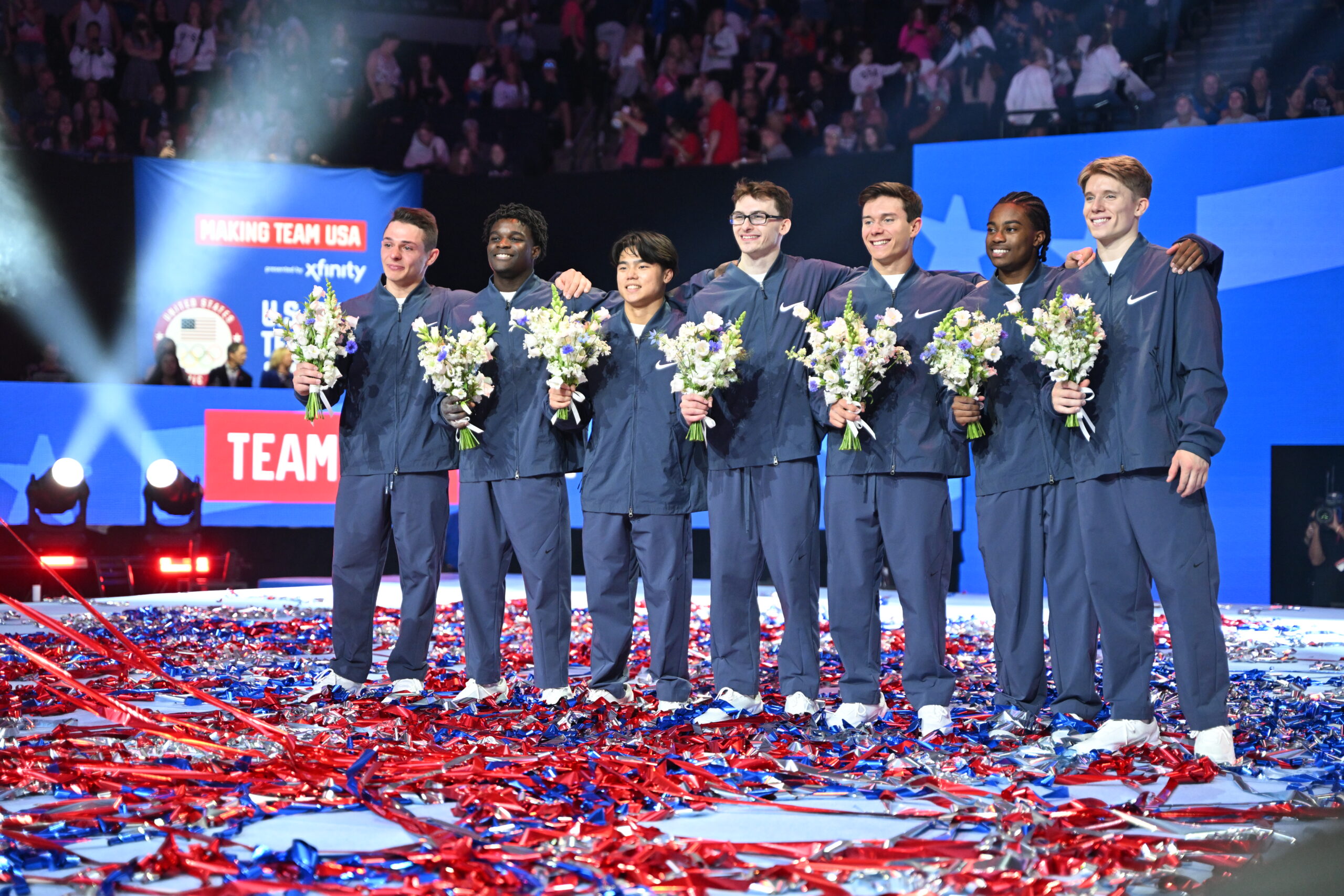 Paul Juda, Fred Richard, Asher Hong, Stephen Nedoroscik, Brody Malone, Khoi Young, and Shane Wiskus after being named to the U.S. men's gymnastics team for the 2024 Paris Olympic Games.