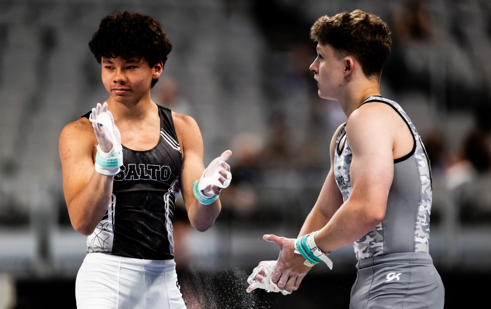 Maksim Kan (left) and Dante Reive (right) on Day 2 of competition at the 2024 Xfinity U.S. Gymnastics Championships.
