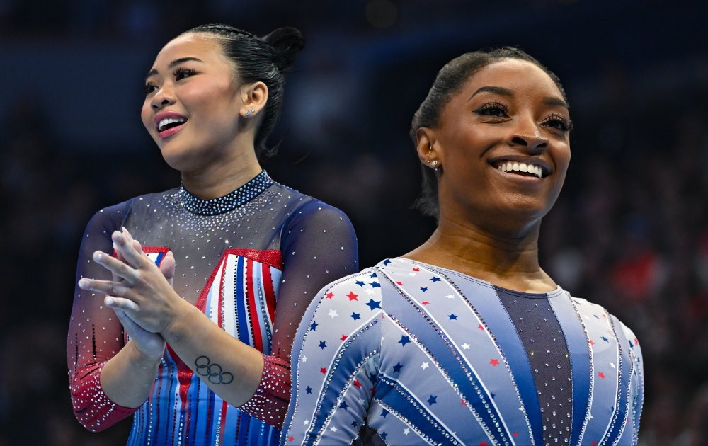 Sunisa Lee (left) and Simone Biles (right) on Day 1 of the 2024 USA Gymnastics Olympic Trials.