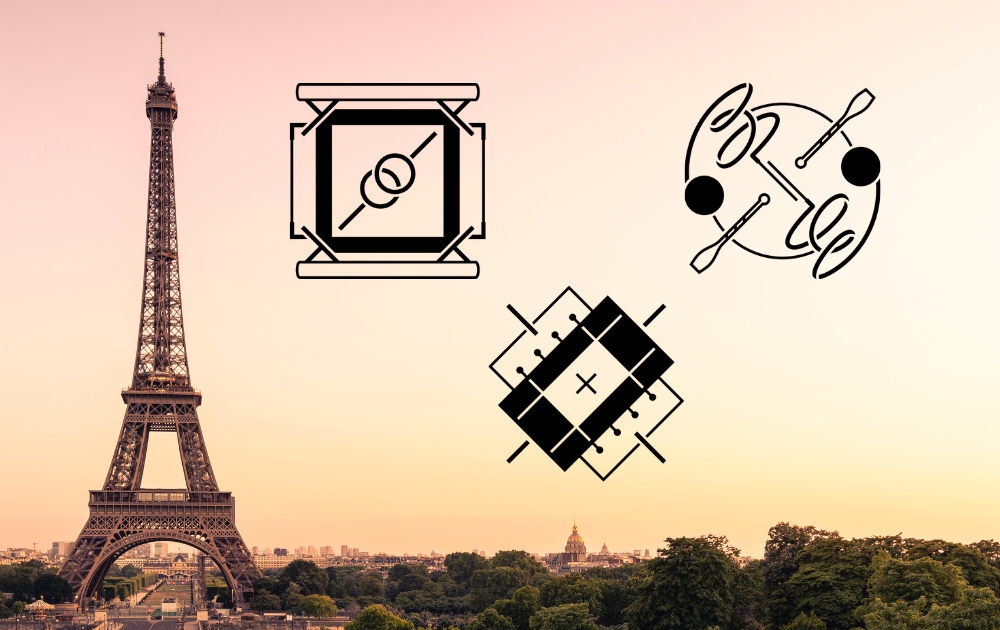 The Eiffel Tower with the pictograms for all three gymnastics disciplines (left to right) gymnastics, trampoline, and rhythmic.