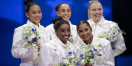 The U.S. women's gymnastics team for the 2024 Paris Olympic Games: (from left to right) Sunisa Lee, Simone Biles, Hezly Rivera, Jordan Chiles, and Jade Carey.
