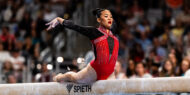 Sunisa Lee on beam at the 2024 Xfinity U.S. Gymnastics Championships.