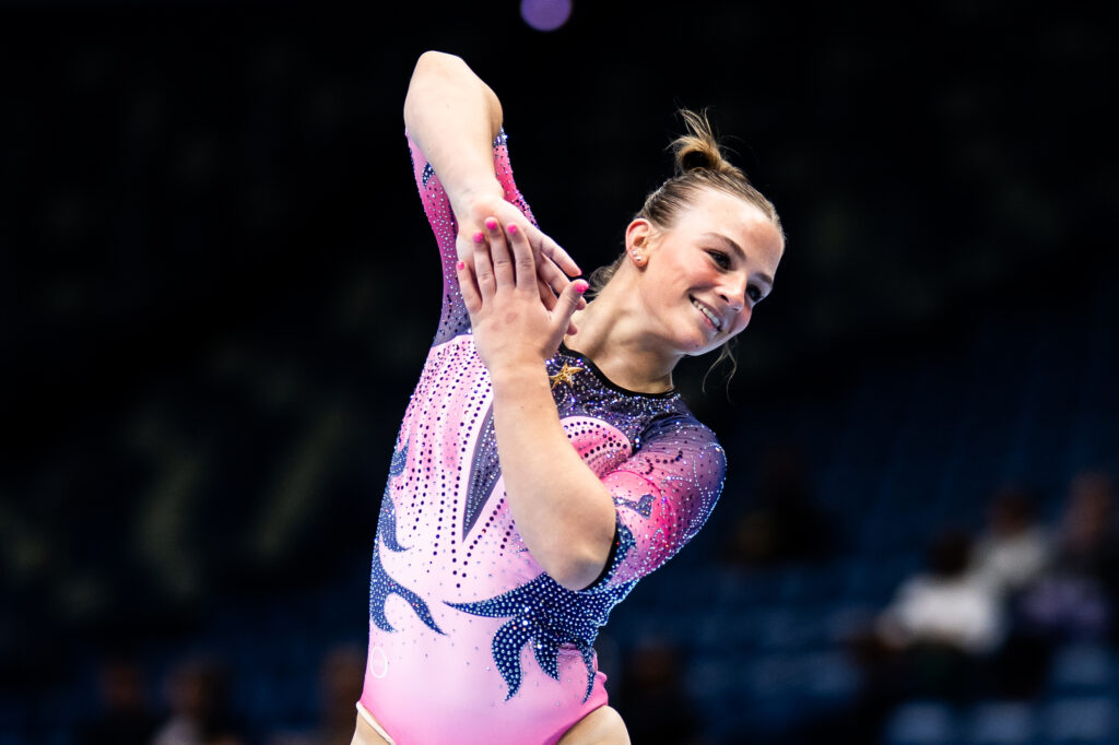 Caroline Moreau (Texas Dreams) on floor on day one of junior women's competition at the 2025 Xfinity U.S. Gymnastics Championships.