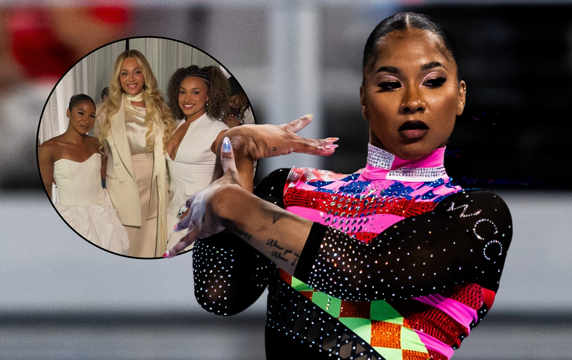 Jordan Chiles competing in her Beyoncé-inspired leo at the 2026 NCAA Women's Gymnastics Championships. The inset photo features Chiles (left), Beyoncé (center), and Chiles' UCLA teammate Sydney Barros (right).