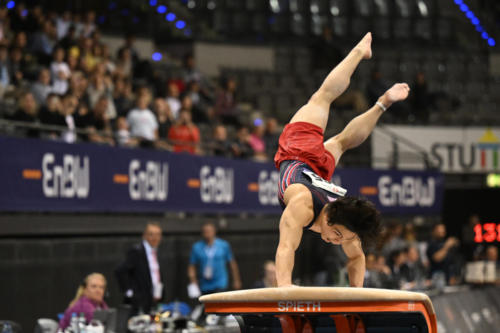 Asher Hong (Stanford) competes on vault during the 2023 DTB Pokal senior men's team challenge. (© Filippo Tomasi)