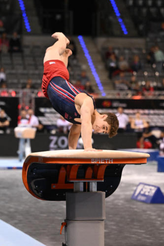 Solen Chiodi (Mini-Hops) competes on vault during event finals at the 2023 DTB Pokal. (© Filippo Tomasi)